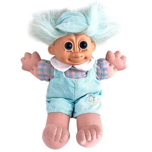 VTG Russ Plush Troll Kidz Sparky Doll Aqua Hair Blue Eyes Overalls 12”